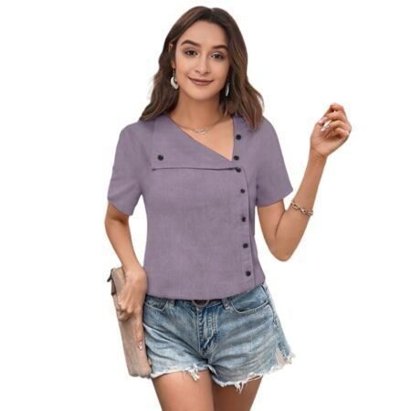 Women's Cool Short Sleeves Shirts V Neck Button Top