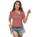 Women's Premium Short Sleeves Shirts V Neck Button Top