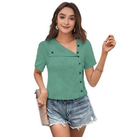 Women's Fancy Short Sleeves Shirts V Neck Button Top