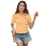 Women's Trendy Short Sleeves Shirts V Neck Button Top