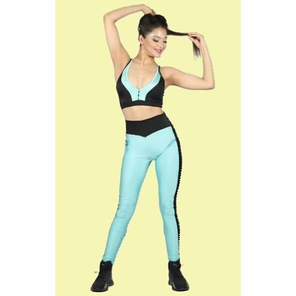 Women's Cotton Black And Sky Blue Women Lycra Gym Wear Set