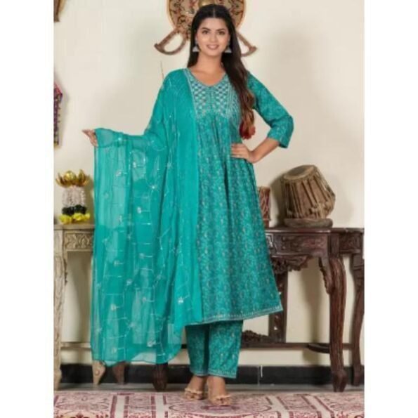 Women's Green Floral Printed Embroidered Anarkali Kurta with Pant & Dupatta Set