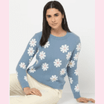 Women's Self Design Round Neck Blue Sweater