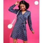 Women's Casual Blue & Black Dot Circle Print Satin Dress