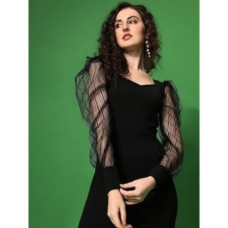 Women's Black Midi Dress for Women, Lycra with Net