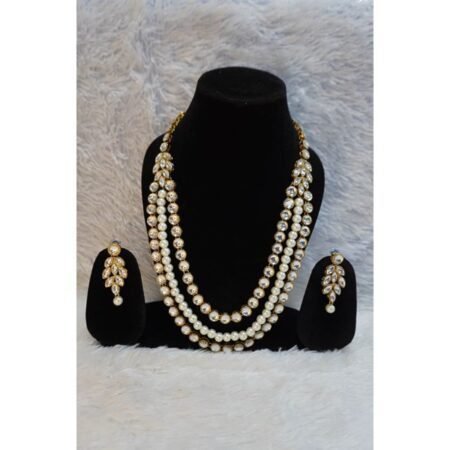 Long Triple Layer White Kundan Studded Jewellery Set