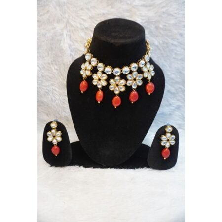 Women Floral Look With Drop Red Pearl Jewellery Set