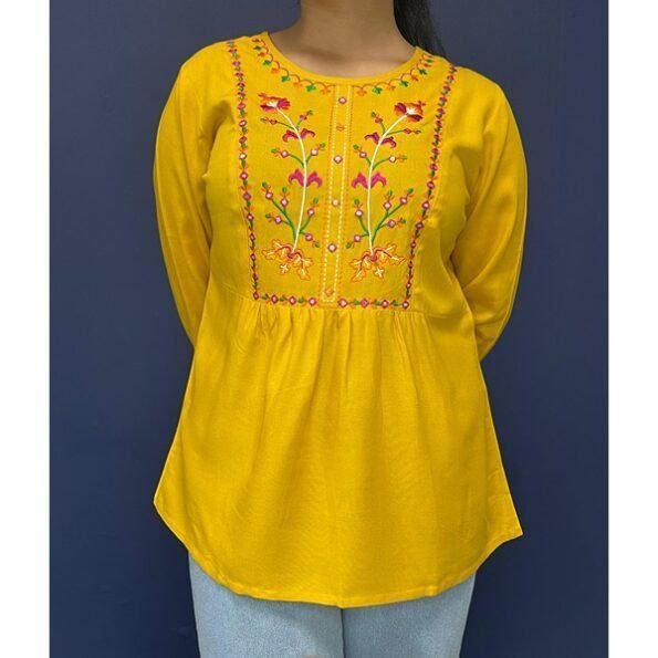 Women's Floral Printed Yellow Color Short Kurti