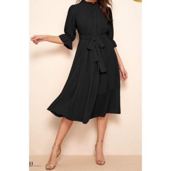 Women's Georgette Pleated Belted Dress With Designer Neckline