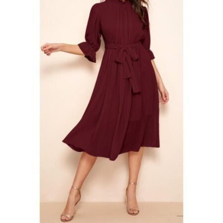 Women's Georgette Pleated Belted Dress With Designer Neckline