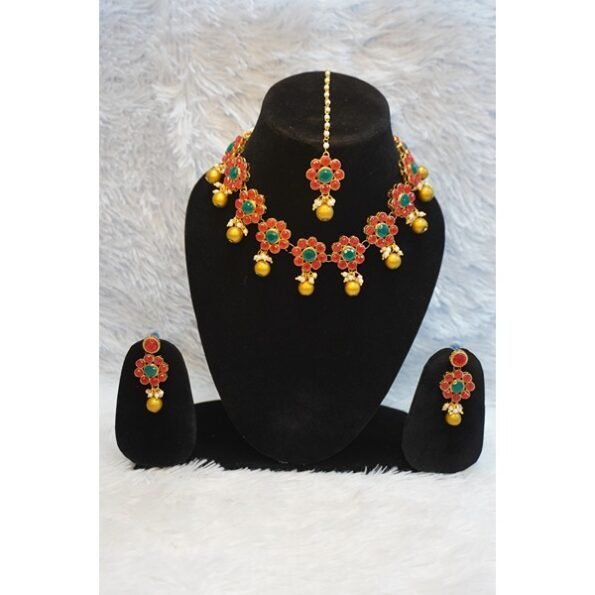 Red Floral With Drop Pearl Jewellery Set