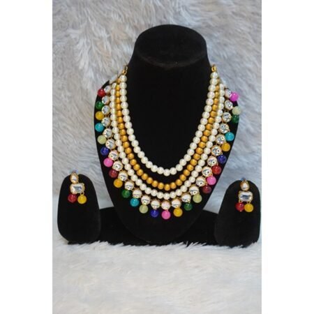 Multicoloured Kundan-Studded & Pearl Beaded Jewellery Set