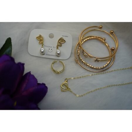 Gold-Plated Dual Heart Necklace Combo Set With Bracelet, Earring, Pendant & Finger Ring