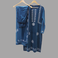 Women Ethnic Blue Velvet Winter Salwar Suit With Dupatta Set