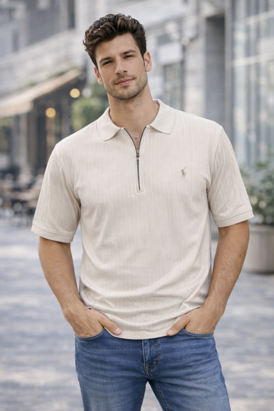 Men’s Premium Ribbed Half-Zip Polo T-Shirt