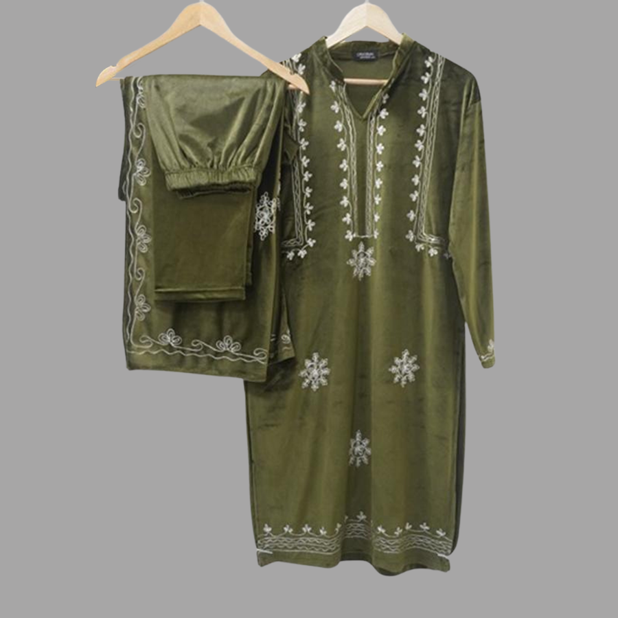 Women Ethnic Green Color Velvet Winter Salwar Suit With Dupatta Set