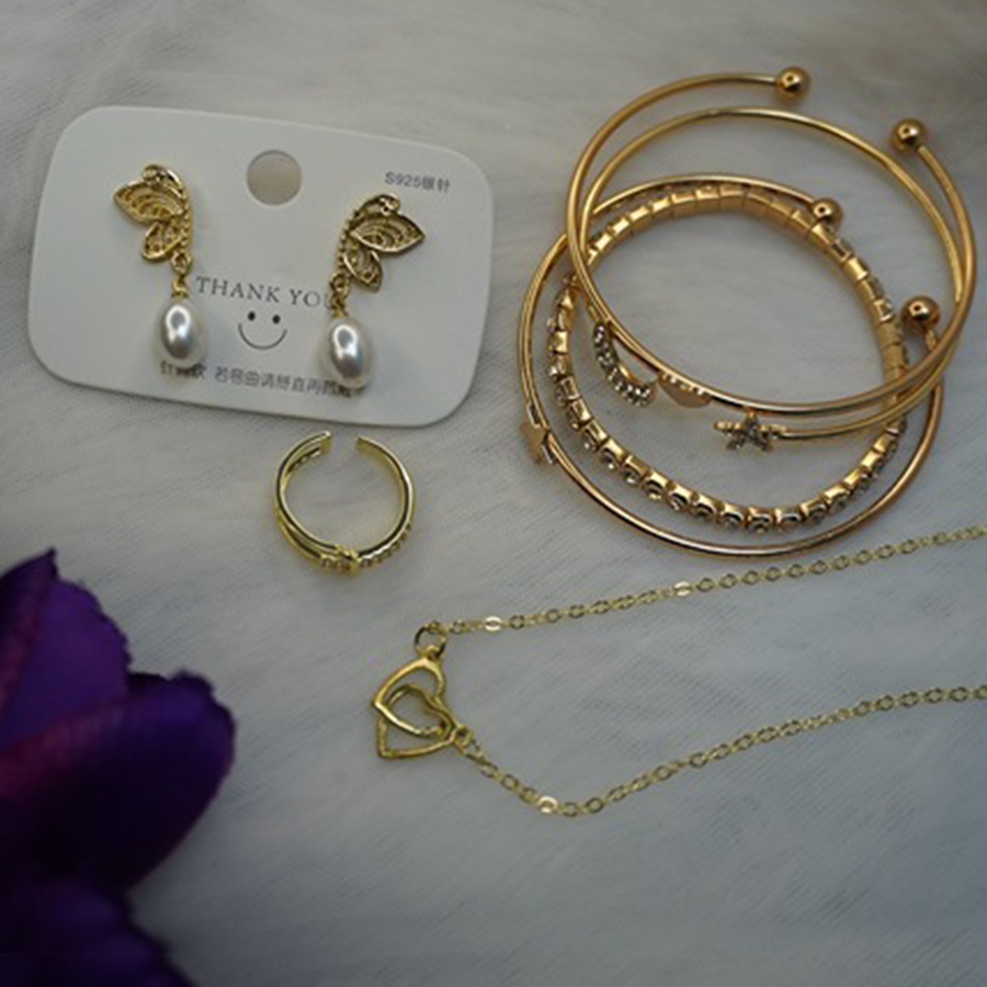 Gold-Plated Dual Heart Necklace Combo Set With Bracelet, Earring, Pendant & Finger Ring