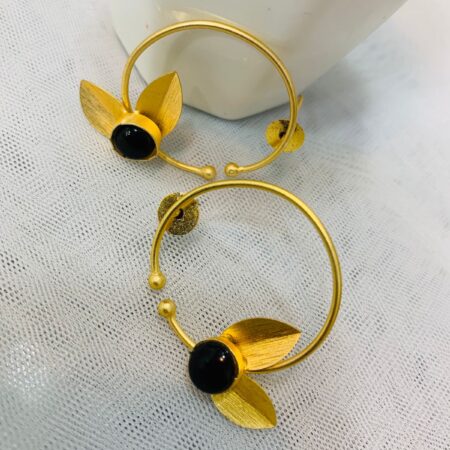 Black Stone With Gold Leaf Hoop Earring