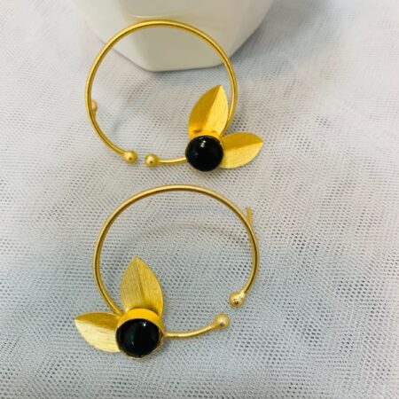Black Stone With Gold Leaf Hoop Earring