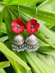 Red Flower With Pearls Silver Earrings
