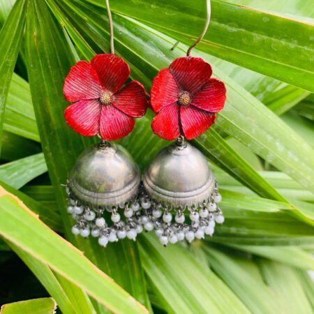 Red Flower With Pearls Silver Earrings