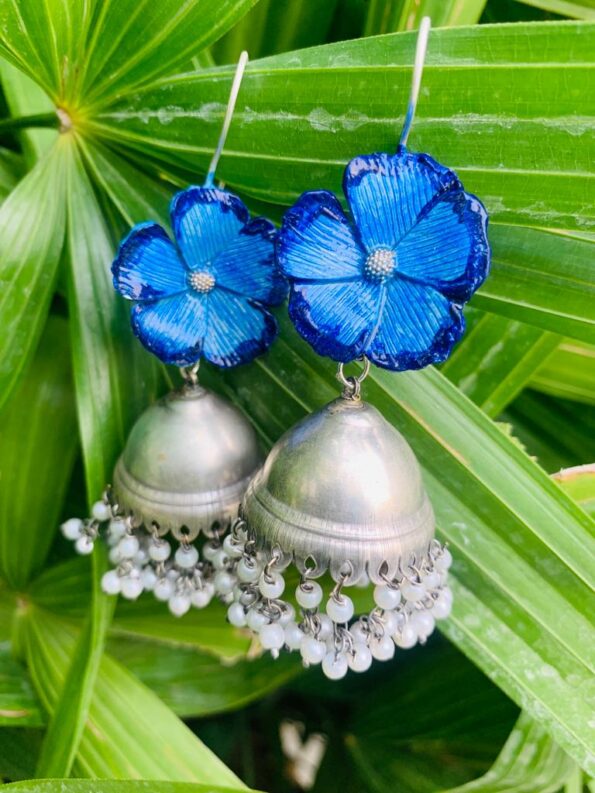 Blue Flower With Pearls Silver Earrings