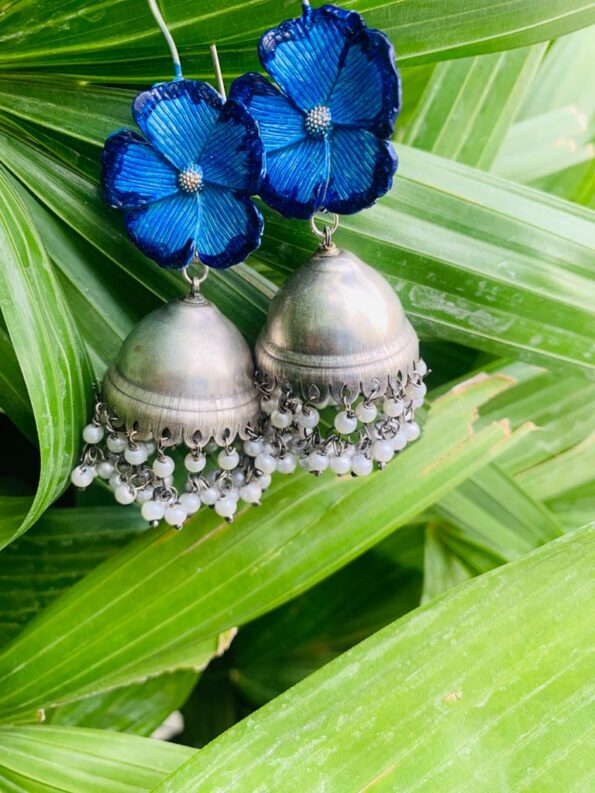 Blue Flower With Pearls Silver Earrings