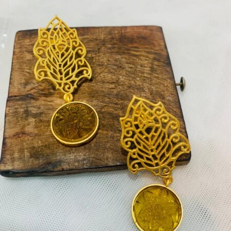 Gold leaf With Yellow Stone Dangler Earrings