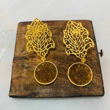 Gold leaf With Yellow Stone Dangler Earrings