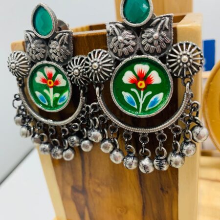 Green Hand-Painted Rajasthani Earrings