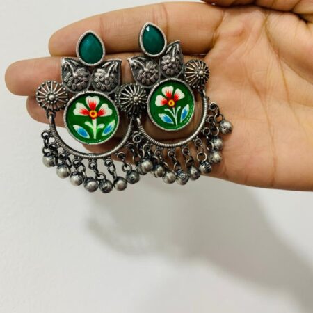 Green Hand-Painted Rajasthani Earrings