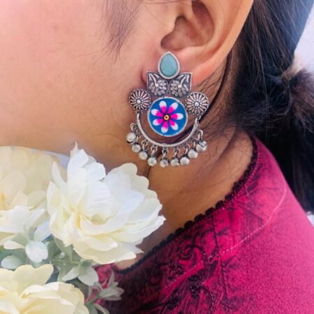 Silver Floral Designed Stone Handpainted Earring