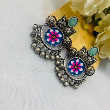 Silver Floral Designed Stone Handpainted Earring