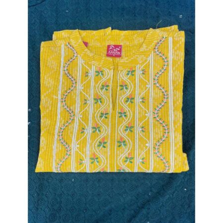 Women's Yellow Neck Flower Embroidered Kurti
