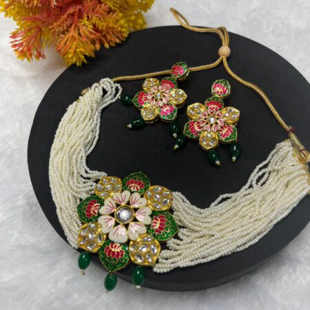 Gold Plated Kundan Studded Floral Shaped Meenakari Choker Necklace With Earrings