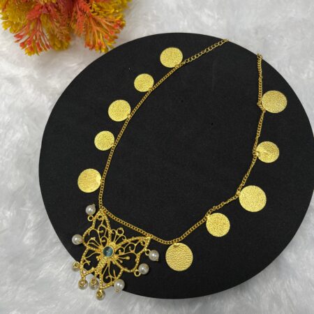 Golden Coin With Butterfly Pendant And Stone Necklace