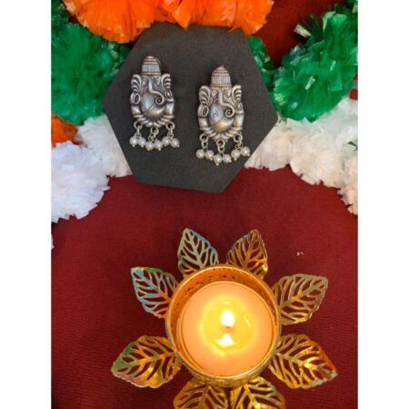 Silver Replica Oxidized Ganapati Earring with Pearl Drops